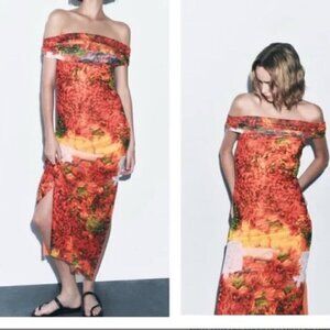 NWT Zara Off Shoulder Midi Chili Pepper Printed Tulle Dress - Size Small